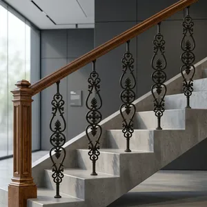 Balustres d'escalier en fer forgé ornés, piliers décoratifs en métal à motifs festonnés pour rampes d'escalier intérieures - Product Image 2