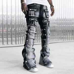 Jean en denim noir de haute qualité pour homme, style vintage coupe bootcut avec motif 3D et décoration diamant pour l'hiver - Product Image 5