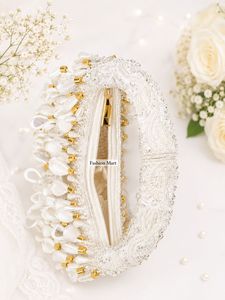 Elegant White Beaded Half Moon Handbag With Pearl Decoration Women's Wedding Party Purse - Product Image 4