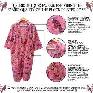 Kimono de Algodón con Estampado Étnico Hecho a Mano |   Bata de dormir de manga larga con cuello en V y bolsillos para mujer |   Bata con Estampado Floral Sostenible - Product Image 5