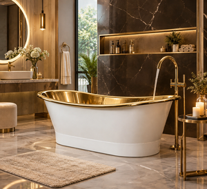 Baignoire ovale autoportante de luxe Daystar Trade, fabriquée à la main, blanche avec intérieur doré, baignoire en cuivre pour adultes - Product Image 1