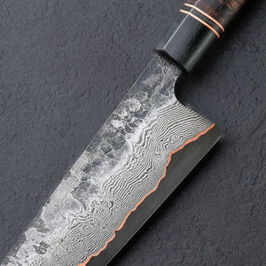 Cuchillo de cocina premium hecho a mano con patrón de cobre damasco y mango de madera estabilizada para acampar y cocinar en viajes. - Product Image 4