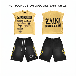 ชุดเสื้อกล้ามและกางเกงขาสั้นผู้ชาย ผ้าฝ้ายเฟรนช์เทอร์รี่ พรีเมียม 240 GSM สีดำ แต่งแถบข้างสีทอง พิมพ์ลาย DTF พิมพ์นูน พร้อมโลโก้แบบกำหนดเอง - Product Image 1