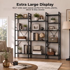 Three Column Four Layer <b>Solid</b> <b>Wood</b> Bookshelf Wide <b>Bookcase</b> with 11 Adjustable Open Shelves - Product Image 4