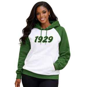 Sweat à capuche à manches raglan blanches de la sororité Iota Phi Lambda, année de fondation 1929, manches vert émeraude, vêtements à lettres grecques, haut pour femme - Product Image 3