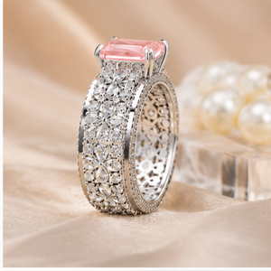 Emerald Cut Fancy Pink Lab Grown Diamond <b>Ring</b> ,Bridal <b>Ring</b> Set, Vintage Floral Engagement <b>Ring</b>, <b>Statement</b> <b>Ring</b> - Product Image 2