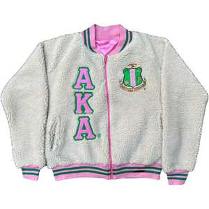 Chaqueta Bomber Sherpa AKA, Forro Polar Neutral, Bordado Chenille con Letras Griegas, Abrigo de Invierno para Mujer, Calidad Premium, Cierre de Cremallera - Product Image 1