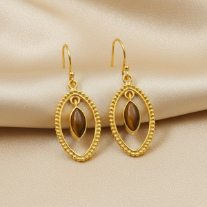 Boucles d'oreilles pendantes faites à la main en argent sterling 925 avec pierre naturelle œil de tigre, cadre ovale perlé, bijoux bohèmes tendance, cadeau pour femme - Product Image 6