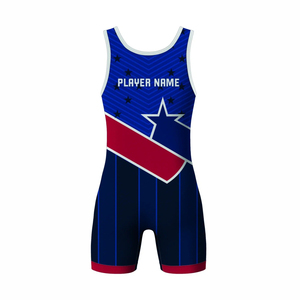 Combinaison de lutte personnalisée par sublimation pour hommes, motif étoiles bleues, rouges et blanches, en polyester et élasthanne anti-transpiration, tenue de sport pour adultes - Product Image 2