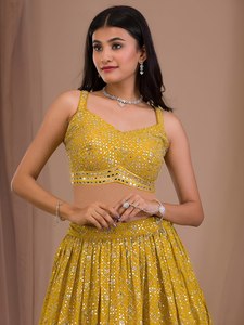 Yellow <b>Sequined</b> <b>Crop</b> <b>Top</b> And A-Line Floor-Length Skirt Bridesmaid Dress With V-Neck Spaghetti Straps - Product Image 5