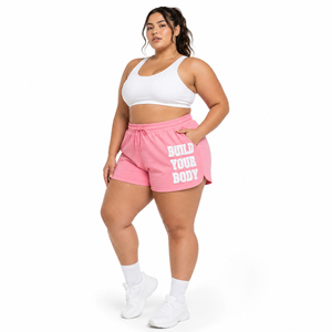 Shorts de sport pour femmes grandes tailles, taille à cordon de serrage, coupe classique, effet usé, brodés, taille haute, en tissu coton à mémoire de forme - Product Image 3