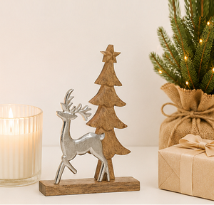 Handcrafted Silver Aluminum Reindeer With Wooden Christmas <b>Tree</b> Figurine Elegant Minimalist Xmas Centerpiece And Gift For Indoor - Product Image 2