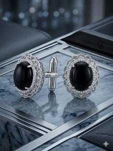 Boutons de manchette ovales en onyx noir, monture filigrane argentée, pour chemise formelle, bijoux de luxe pour homme, cadeau de mariage ou d'affaires - Product Image 6