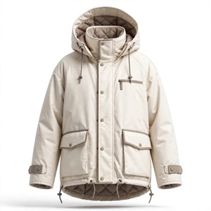<b>Men's</b> Beige Hooded Puffer <b>Jacket</b> Thick Polyester Winter Casual Windproof Stand Collar Regular Fit Loose Style - Product Image 1