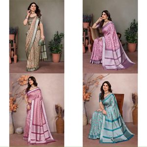 Sari indio de viscosa Khadi con estampado digital y bordes tejidos, ropa tradicional india, vestimenta étnica para bodas. - Product Image 3
