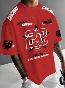 New Summer Men's Chicago Black <b>Red</b> and White Printed 23 Pattern Round Neck Breathable Casual T-shirt Loose Outdoor <b>Top</b> - Product Image 2