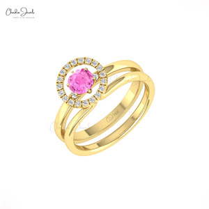 Handmade 14k Solid Gold Genuine 5mm Prong Set Pink Sapphire & Diamond Anniversary <b>Stacking</b> <b>Ring</b> Verified Wholesale Supplier - Product Image 4