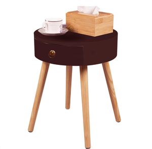 Wooden <b>Round</b> Side <b>Table</b> with Drawer, Chest of Drawers <b>Bedside</b> <b>Table</b> Retro <b>Bedside</b> <b>Table</b> Coffee <b>Table</b> (Brown) - Product Image 2