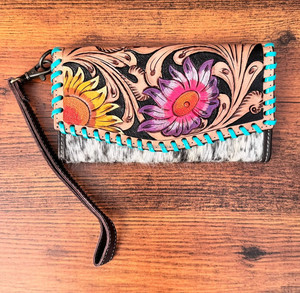 กระเป๋าคลัทช์ผู้หญิงสำหรับงานแกะสลักด้วยมือลายดอกทานตะวันหนังวัวสไตล์ตะวันตกดีไซน์ใหม่ - Product Image 3