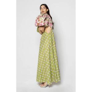 Robe longue bleue à imprimé audacieux avec une belle harmonie de couleurs et une fente latérale au niveau de la taille, pour un style moderne. - Product Image 4