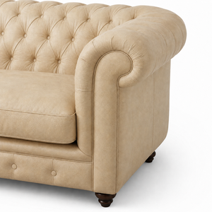 โซฟาเบดหนังแท้ Chesterfield สีครีม แบบสองที่นั่ง พร้อมการตกแต่งกระดุมแบบลึก แขนโค้งมน ดีไซน์ทันสมัยสำหรับห้องนั่งเล่น - Product Image 3