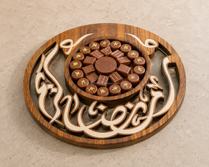Plateau décoratif en bois rond, design calligraphie arabe, artisanat traditionnel, pour la présentation du Ramadan - Product Image 2