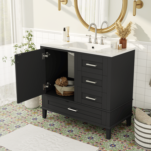 Modern 36\" Black Bathroom Vanity Solid <b>Pine</b> Frame with 1 Soft-Close Door and 3 Drawers Efficient Storage <b>Cabinet</b> - Product Image 3