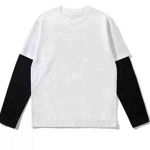 Men's Long Sleeve T-Shirt <b>White</b> With Black Contrast Sleeves O-Neck Casual 100% Cotton Jersey Knitted Regular Fit - Product Image 1