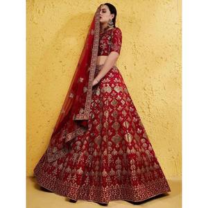Ropa De Boda De Seda Bordada Roja Hermosa Lehenga Choli Con Dupatta - Product Image 5