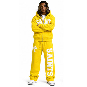 Conjunto de Chándal Amarillo con Capucha, Sudadera con Cremallera Completa y Pantalones de Chándal, para Adulto, Estampado de Letras, 100% Algodón, Suministro Directo de Fábrica, Otoño Casual - Product Image 5