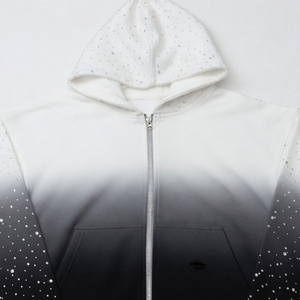 Sweat à capuche zippé en molleton de coton épais, style streetwear, avec strass personnalisés, manches côtelées brutes et vieillies, effet dégradé teint par immersion - Product Image 4