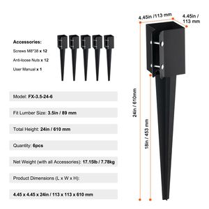 Set di 6 Picchetti di Ancoraggio per Recinzioni, 24 x 4 x 4 Pollici Diametro Esterno, 3,5 x 3,5 Pollici Diametro Interno, in Metallo Nero Verniciato a Polvere - Product Image 6