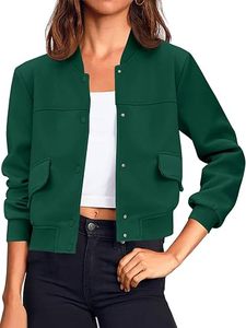 Chaqueta Bomber Verde para Mujer, Color Sólido, Cuello Alto, Manga Larga, Cierre de Botones, Ropa Exterior Informal para Otoño - Product Image 1