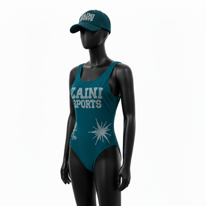 Traje de baño de una pieza premium para mujer, de nailon y spandex, suave y elástico, color verde azulado, con logotipo de cristal termoadhesivo, para bañarse. - Product Image 4