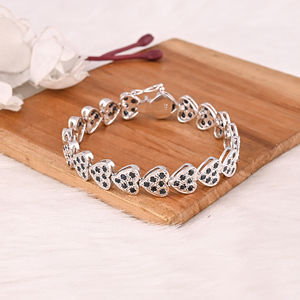 Luxury 925 Sterling Silver Natural Black Onyx & CZ Heart Tennis <b>Bracelet</b> Fine Jewelry for Unisex - Product Image 1