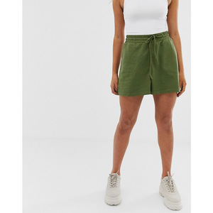 Shorts en coton vert à taille haute pour femmes, avec cordon de serrage, style jupe courte décontractée en tricot de couleur unie, coupe régulière, taille élastique - Product Image 1