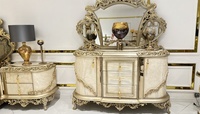 Ensemble de chambre à coucher King Size de luxe en teck massif, lit sculpté traditionnel capitonné doré lavable, 2 tables de chevet, mobilier de maison