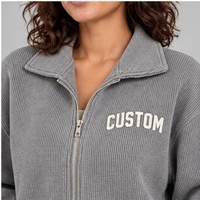 Veste courte zippée en velours côtelé pour femme avec logo personnalisé |   Sweat-shirt décontracté côtelé surdimensionné avec manches bouffantes |   Coupe ample bidirectionnelle