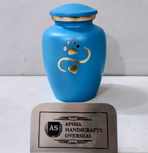 Hermosa Urna Funeraria Europea Azul Dorada con Pata y Corazón, con Palomas, Ecológica y Duradera, para Cenizas de Mascotas, de Metal - Product Image 3