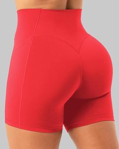 Shorts de motard taille haute rouges pour femme, couleur unie, extensibles, avec poches, coupe classique, en tricot de spandex et polyester, écologiques - Product Image 3