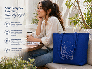 300GSM Solid Blue Canvas <b>Tote</b> Bag Large Capacity Eco Friendly Reusable Shopping Bag Custom Logo <b>Zip</b> Closure Heavy Duty Wholesale - Product Image 5