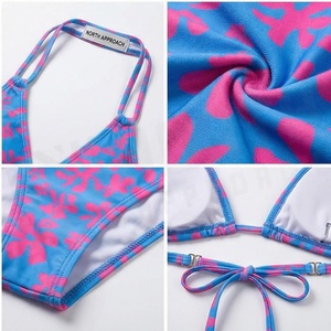Ensemble de bikini à imprimé floral pour femmes, bleu rose, maillot de bain deux pièces, extensible, en spandex et polyester, coupe régulière, bas de maillot de bain string - Product Image 4
