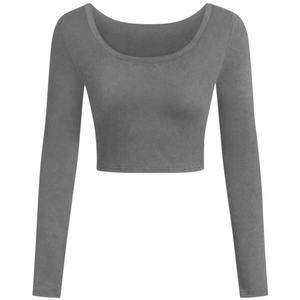 Haut court à manches longues noir pour femme, col rond, tricoté, couleur unie, décontracté, pour l'automne - Product Image 4
