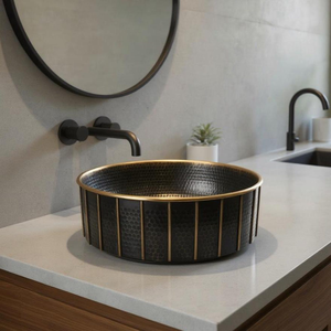 Lavabo de latón hecho a mano, negro y dorado, martillado, para baño, decorativo, de lujo, estilo antiguo, accesorio para baño. - Product Image 4