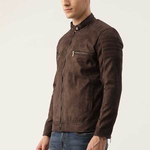 <b>Men's</b> Brown Suede Motorcycle <b>Jacket</b> Stand Collar Zipper Closure Regular Fit Moto Biker Style Autumn Wear - Product Image 3