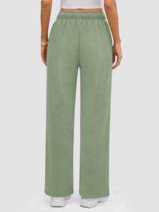 Pantalon en molleton à taille haute et jambes larges pour femme, couleur unie, fermeture à cordon, coupe ample, longueur intégrale, décontracté, pour l'automne, vert, unisexe - Product Image 2