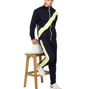 Chándal Azul Marino para Hombre con Franja Diagonal Amarilla Neón, Diseño Deportivo con Cierre Completo, Corte Regular, Ropa de Otoño Transpirable - Product Image 5