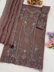 Costume en rayonne marron brodé pour femme avec dupatta, tenue traditionnelle indienne et pakistanaise, longueur cheville, coupe régulière, vêtement décontracté - Product Image 2