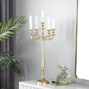 Polished chrome five arm candelabra showcasing classic swooping u-shaped arms, available at wholesale prices. - Product Image 2