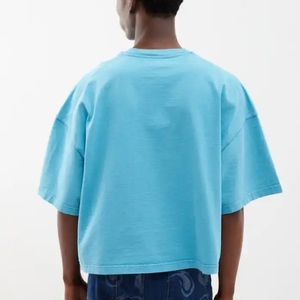 เสื้อยืดผู้ชายทรงโอเวอร์ไซส์ สีฟ้าอ่อน ผ้าฝ้าย 100% แขนสั้น คอโอ ทรงปกติ ไม่ยับ - Product Image 4